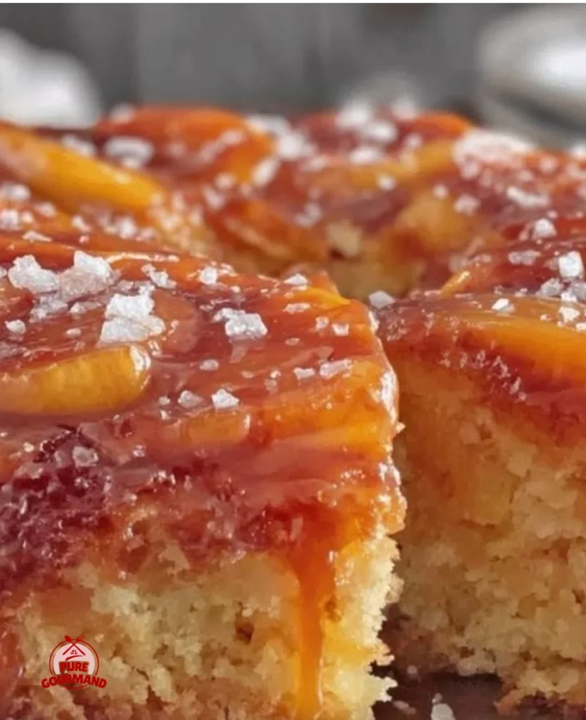 Peach upside-down skillet cake with salted caramel topping on a wooden table.