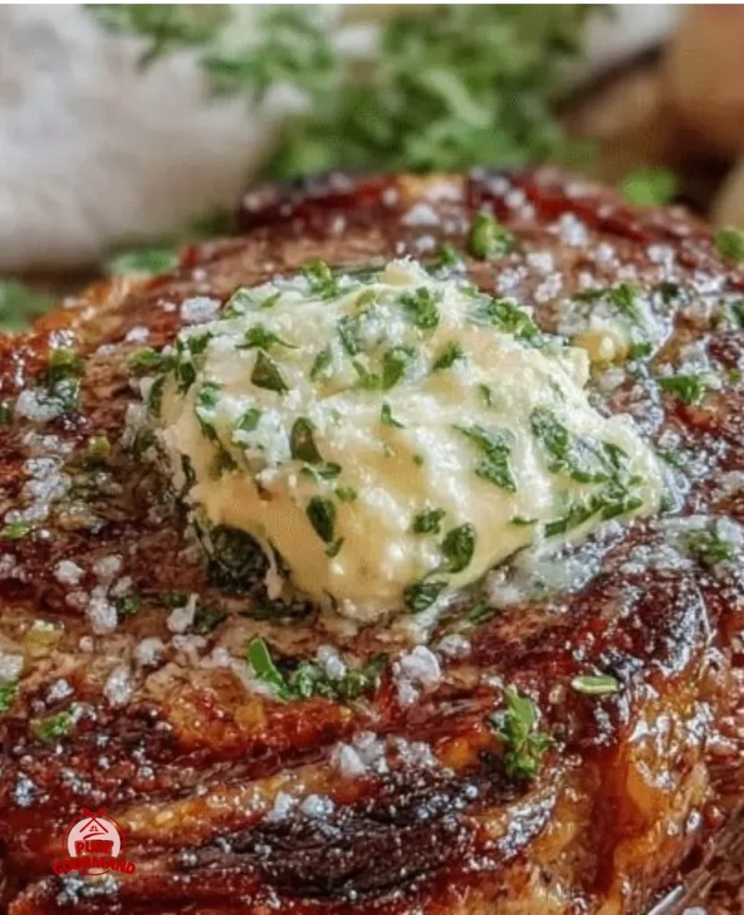 Reverse sear ribeye steak topped with garlic herb butter