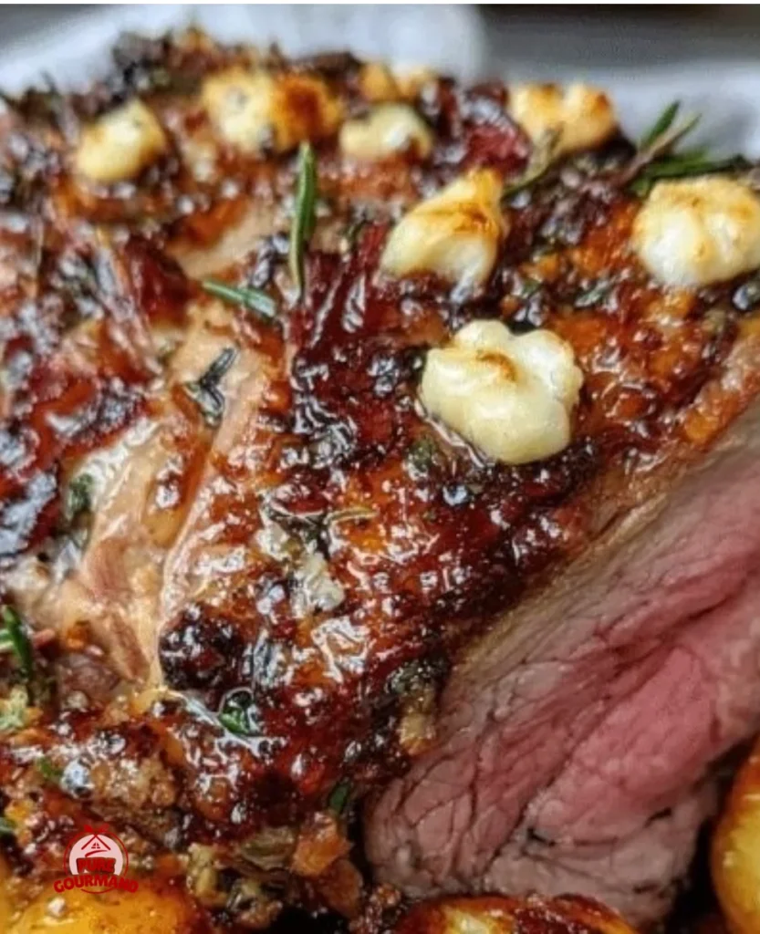 Perfectly roasted leg of lamb infused with garlic, showcasing a juicy and aromatic presentation.