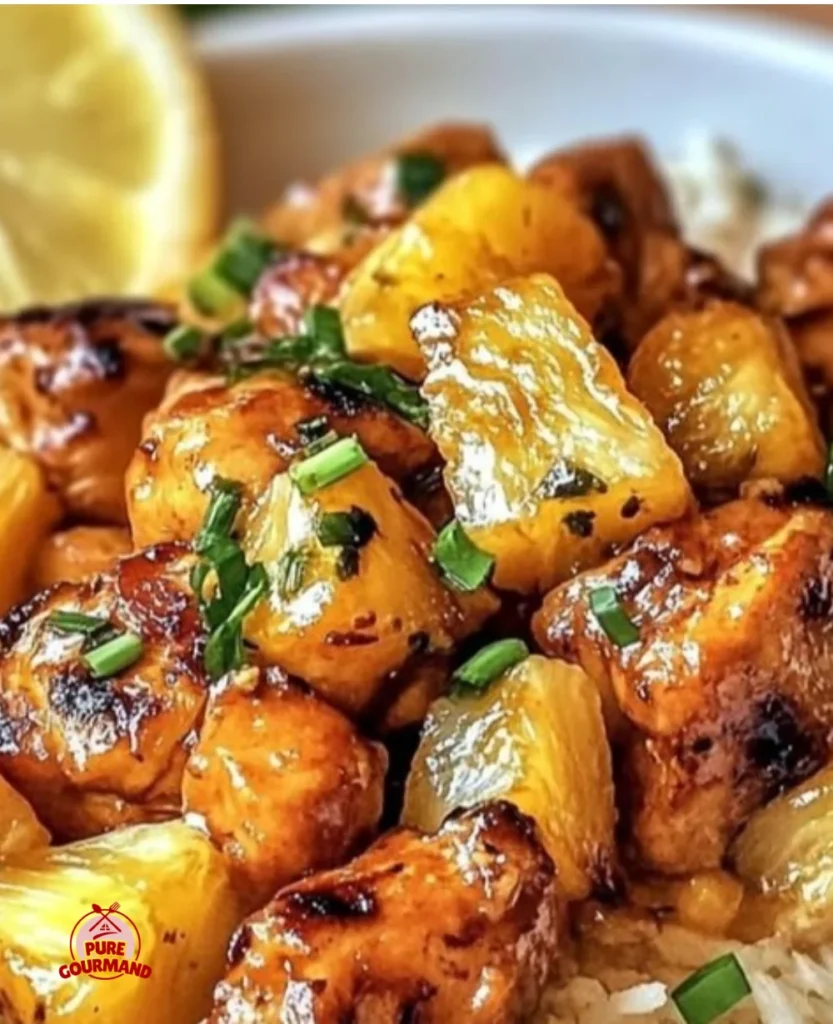Delicious Pineapple Chicken served over a bed of rice with colorful vegetables