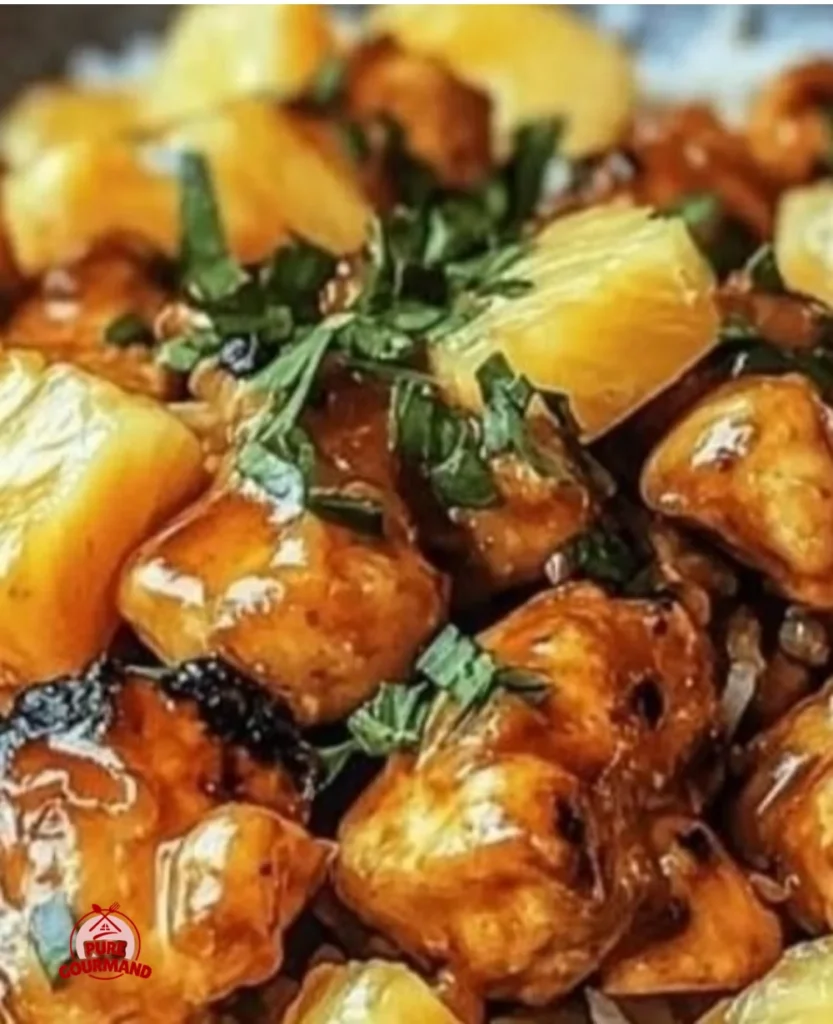 Delicious plate of pineapple chicken served over fluffy rice