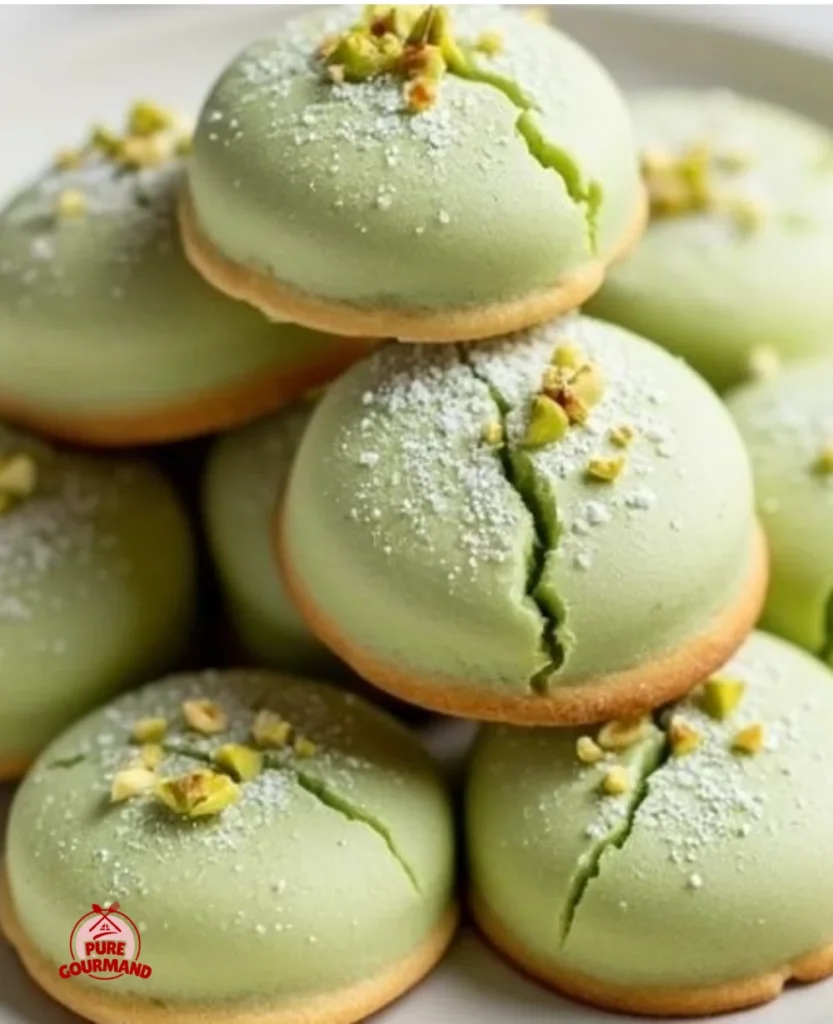 Pistachio Wedding Cookies on a decorative plate, ideal for celebrations.