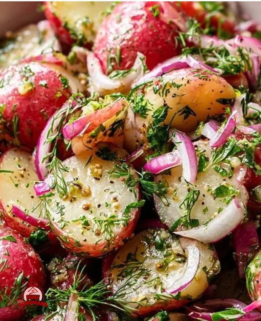 Fresh potato salad without mayo in a bowl, garnished with herbs