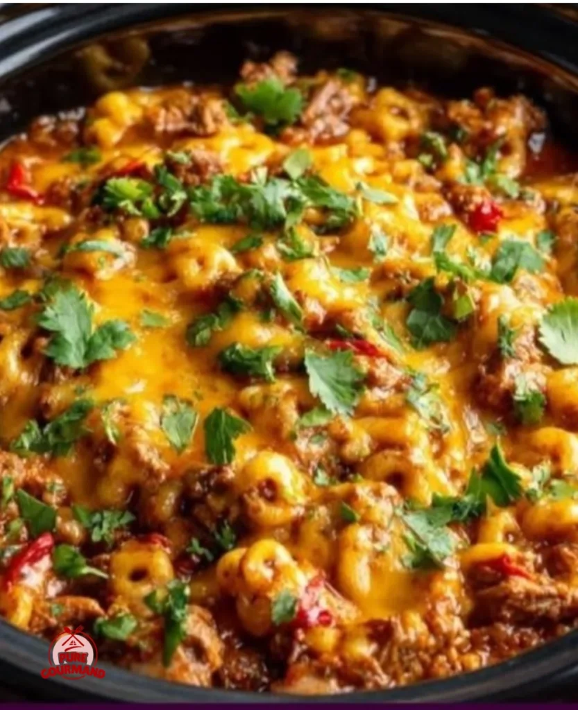 Delicious protein-packed cowboy casserole cooked in a crock pot