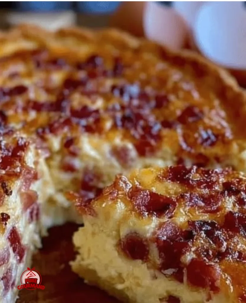 Homemade Quiche Lorraine with bacon, cheese, and creamy custard filling.