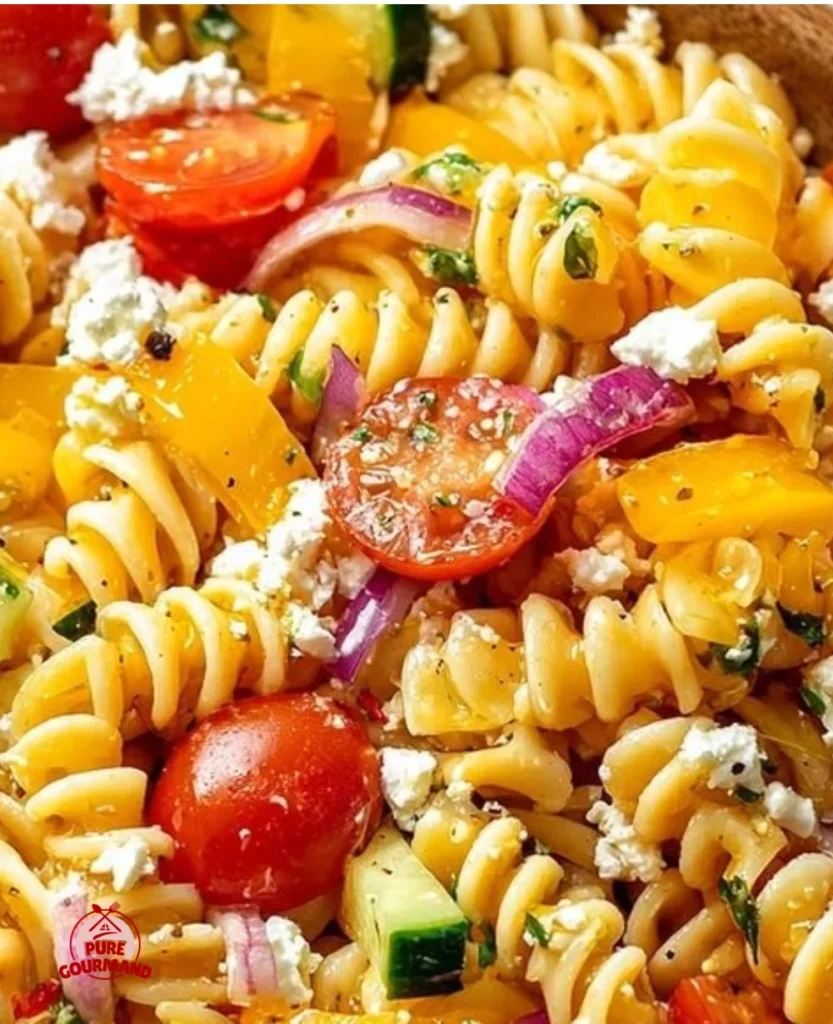 High protein Greek pasta salad with fresh vegetables and ingredients
