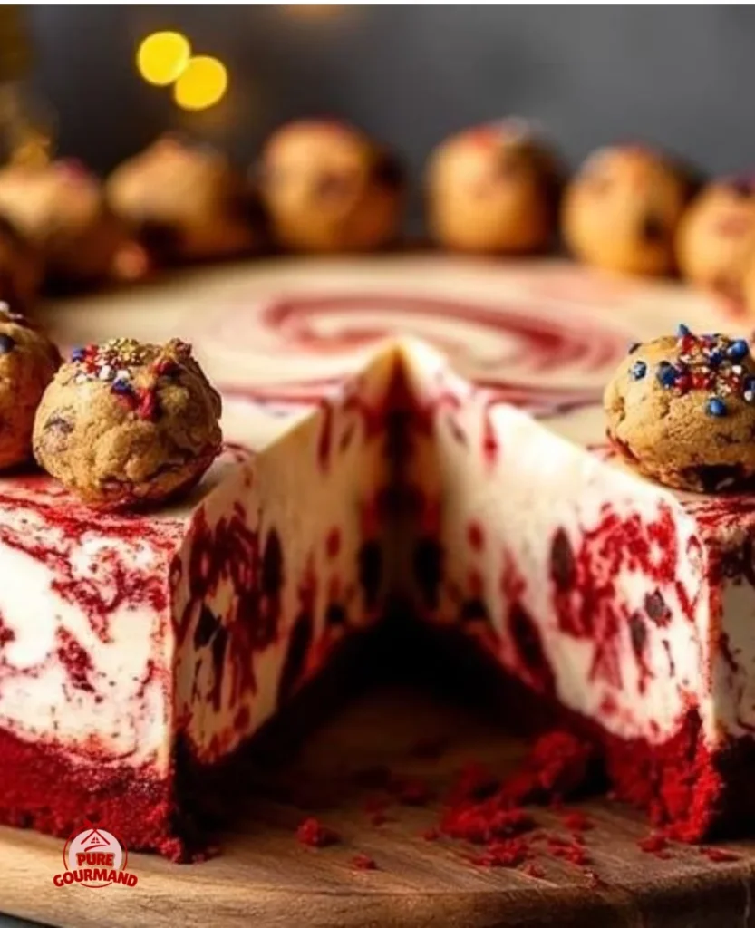 Delicious Red Velvet Cheesecake topped with Chocolate Chip Cookie Dough