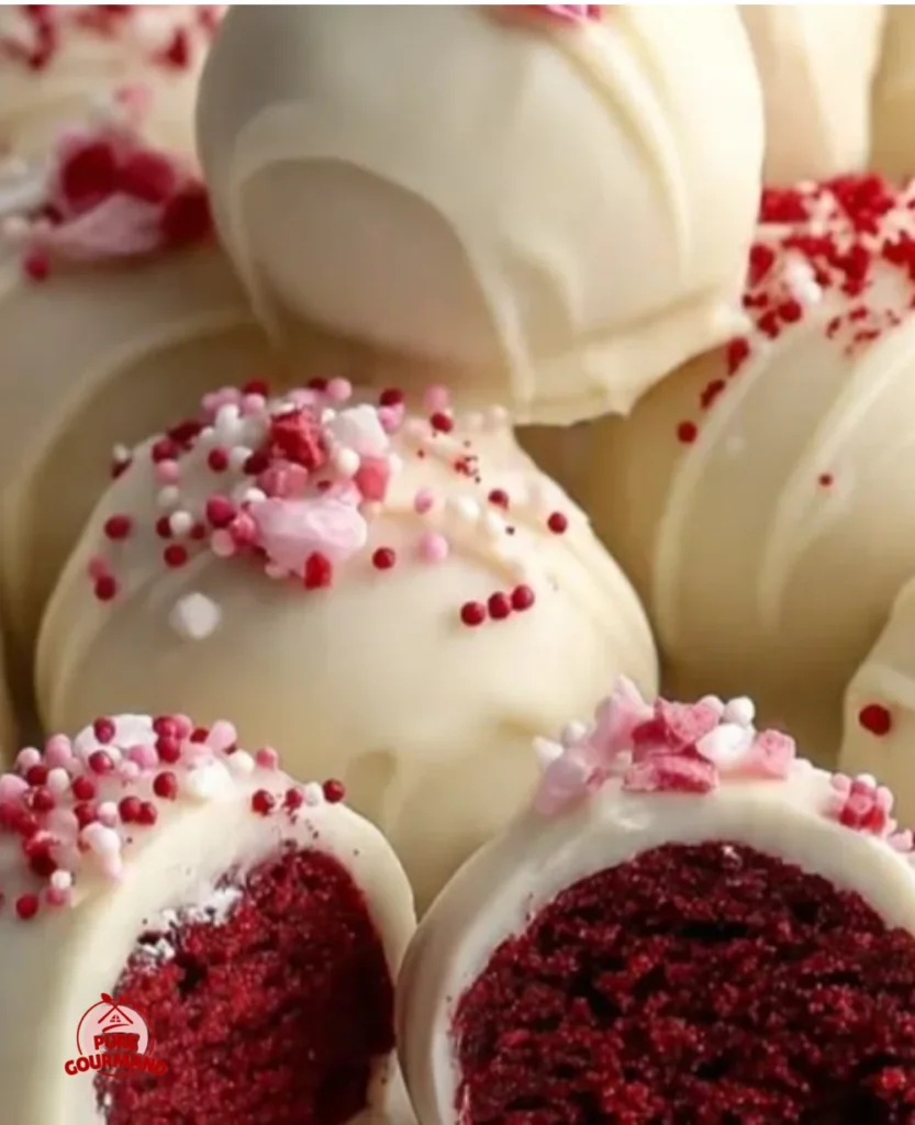 Delicious homemade Red Velvet Truffles topped with white chocolate and sprinkles