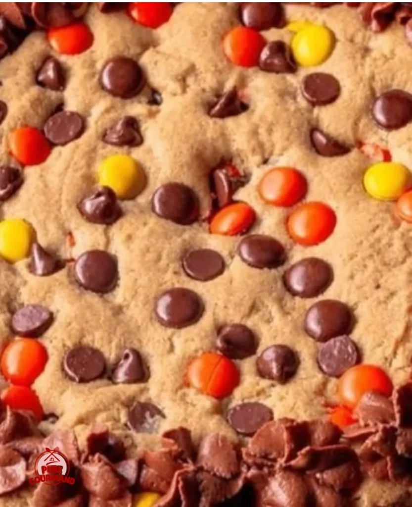 Slice of Reese's Peanut Butter Cookie Cake topped with chocolate and peanuts