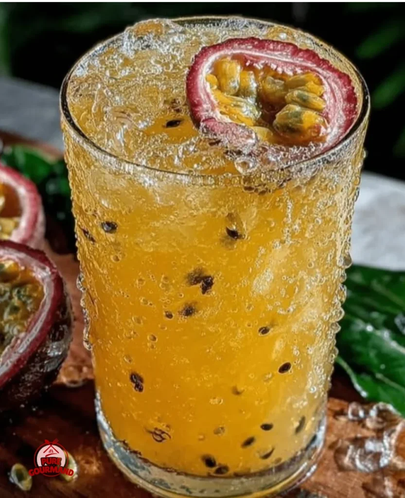 Refreshing Mango Passion Fruit Mocktail garnished with fresh fruit