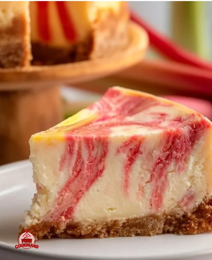 Slice of Rhubarb and Lemon Cheesecake with fresh fruit garnish