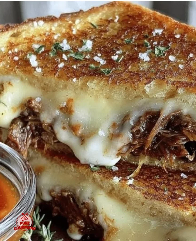 Savory Birria Grilled Cheese with consomé dipping broth