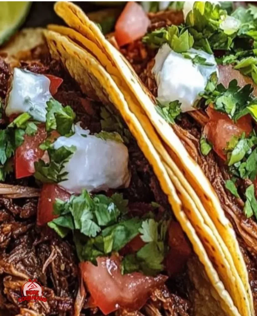 Savory slow cooker shredded beef tacos topped with fresh ingredients