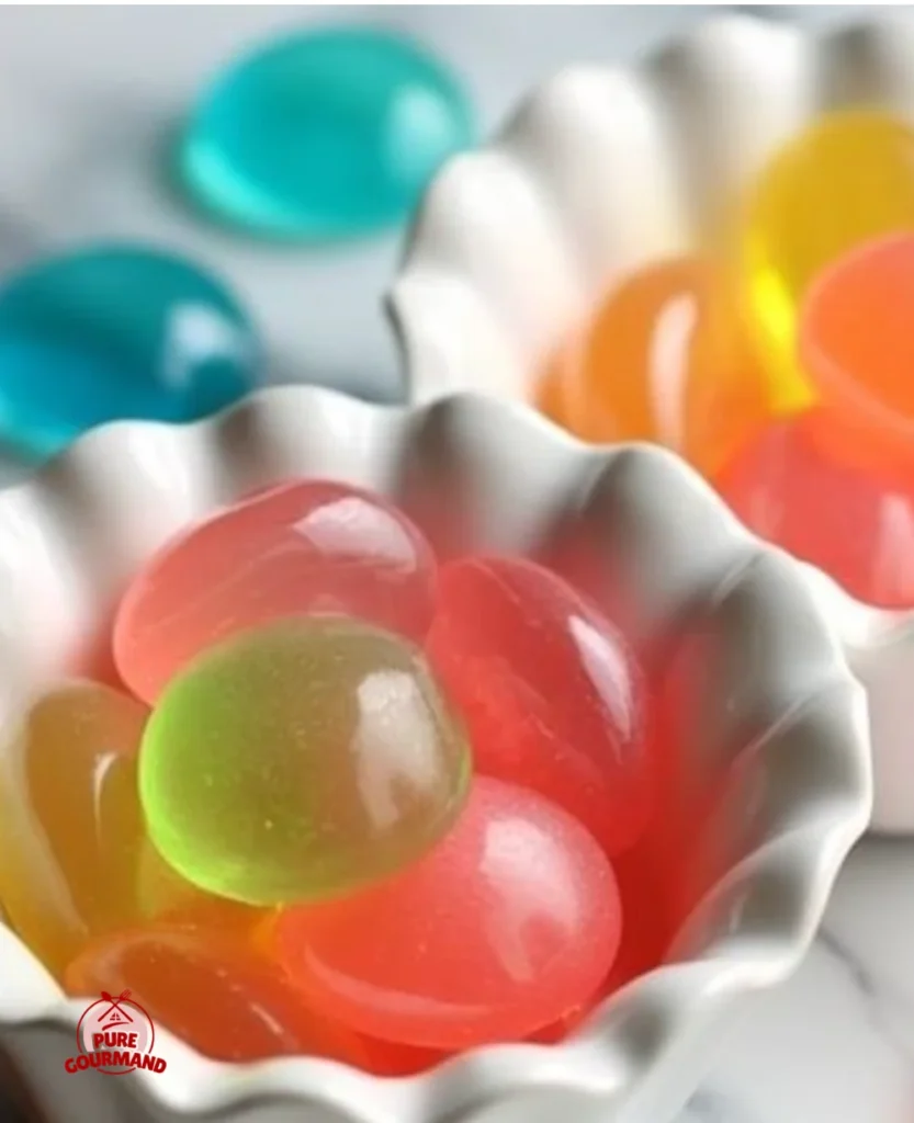 Colorful shimmering jello candy melts in a playful arrangement.