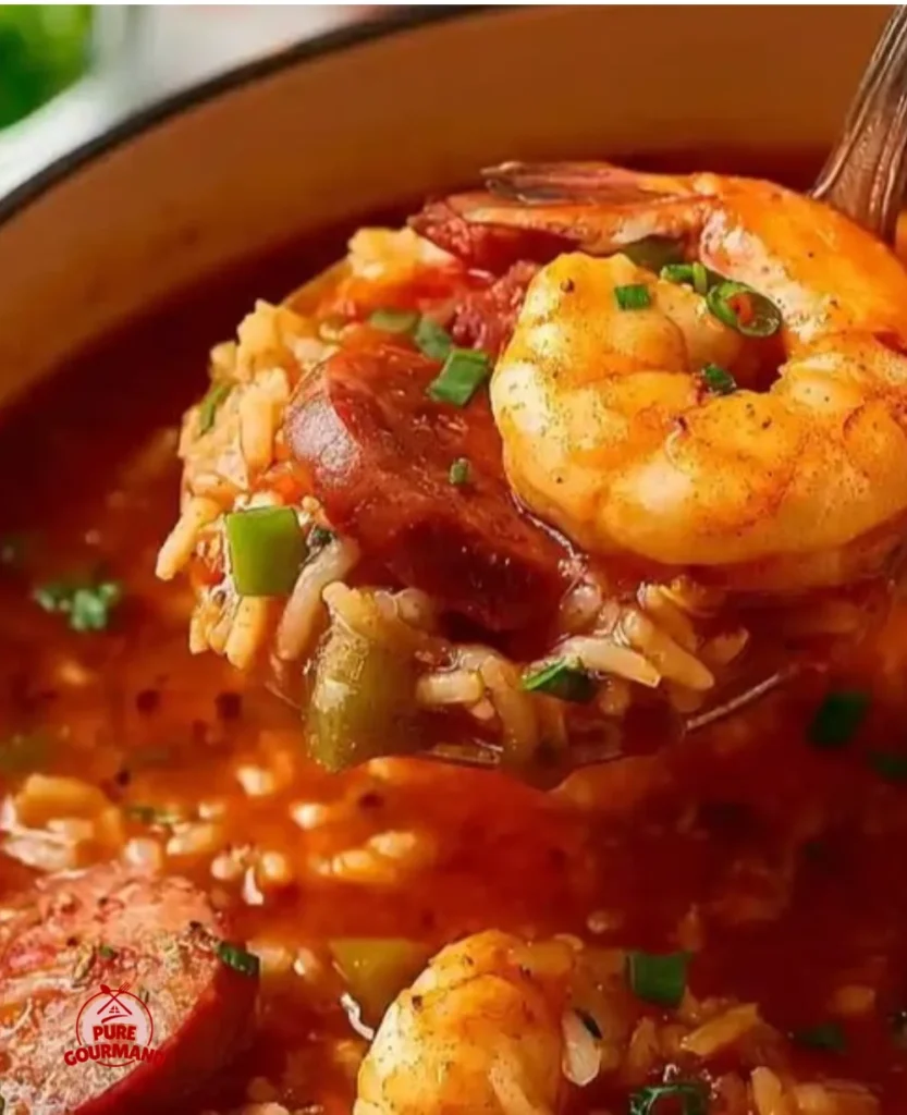 Delicious shrimp sausage jambalaya soup in a rustic bowl ready to serve.