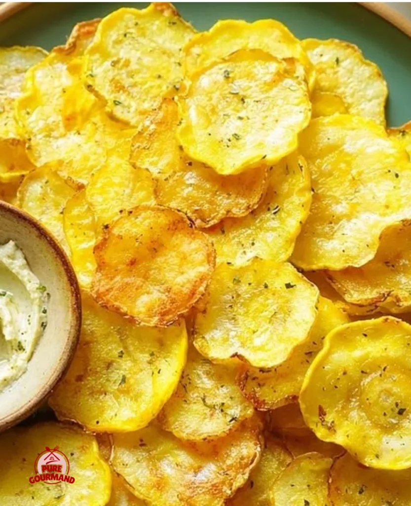 Crispy homemade yellow squash chips in a bowl, a healthy snack alternative.
