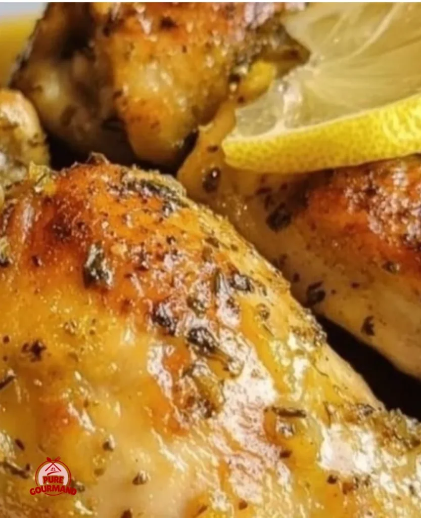 Slow cooker lemon pepper chicken thighs served with fresh herbs and lemon slices