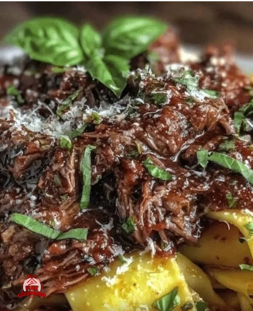 Delicious slow cooker beef ragu served over pappardelle pasta
