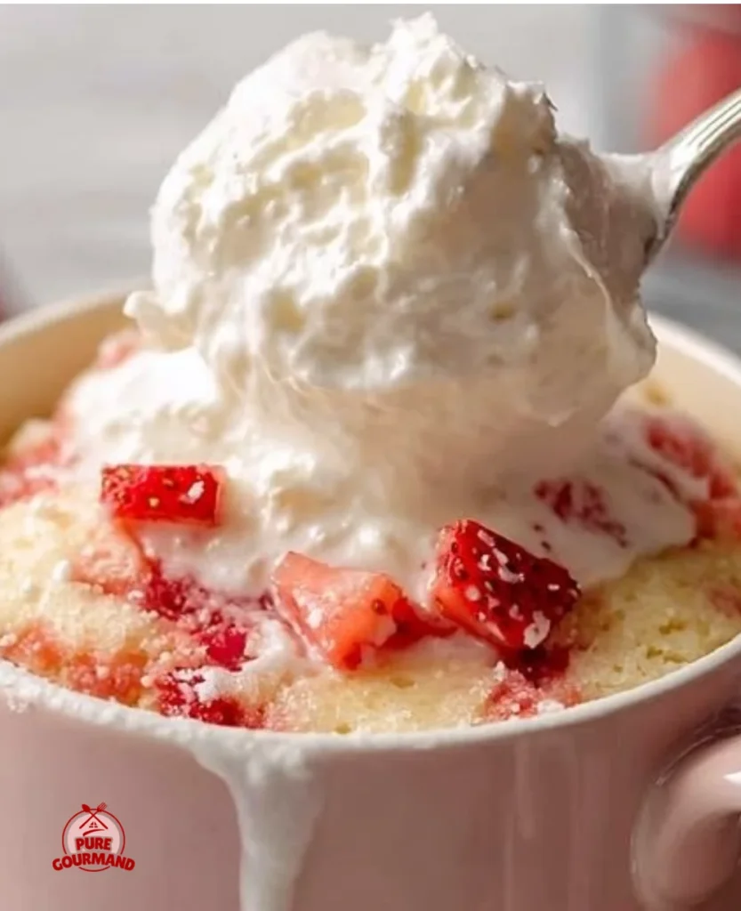 Soft strawberry mug cake in a mug, topped with fresh strawberries