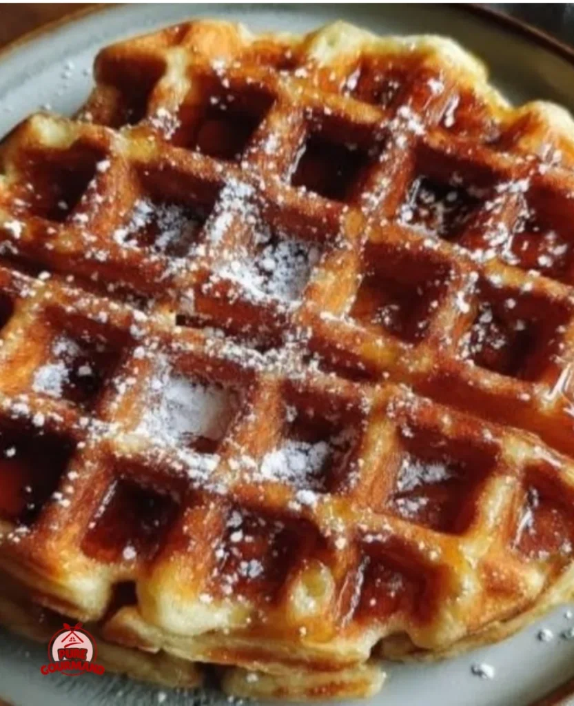 Golden-brown sourdough waffles stacked on a plate with syrup and berries