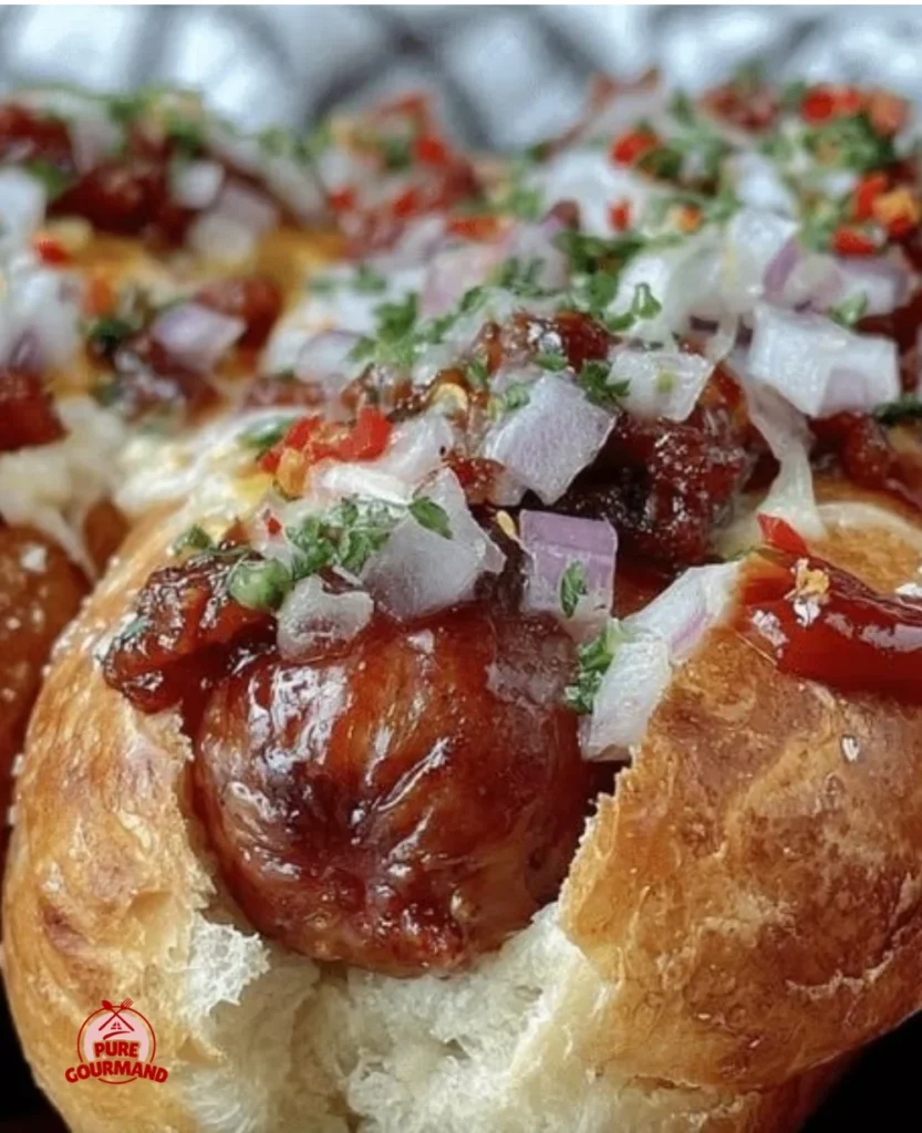 Spicy Firecracker Hot Dogs topped with jalapeños and spices