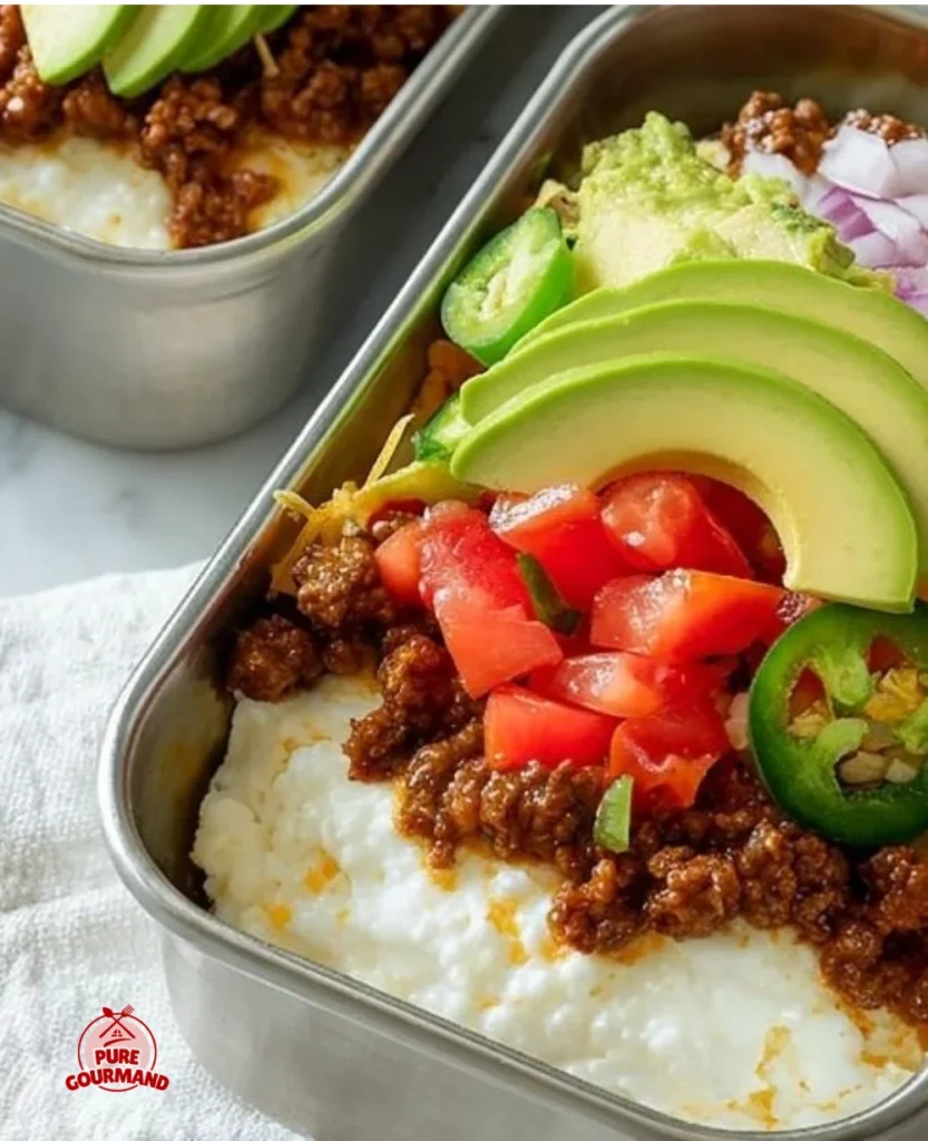 Spicy Meal Prep Cottage Cheese Taco Bowls filled with vibrant veggies and flavors.
