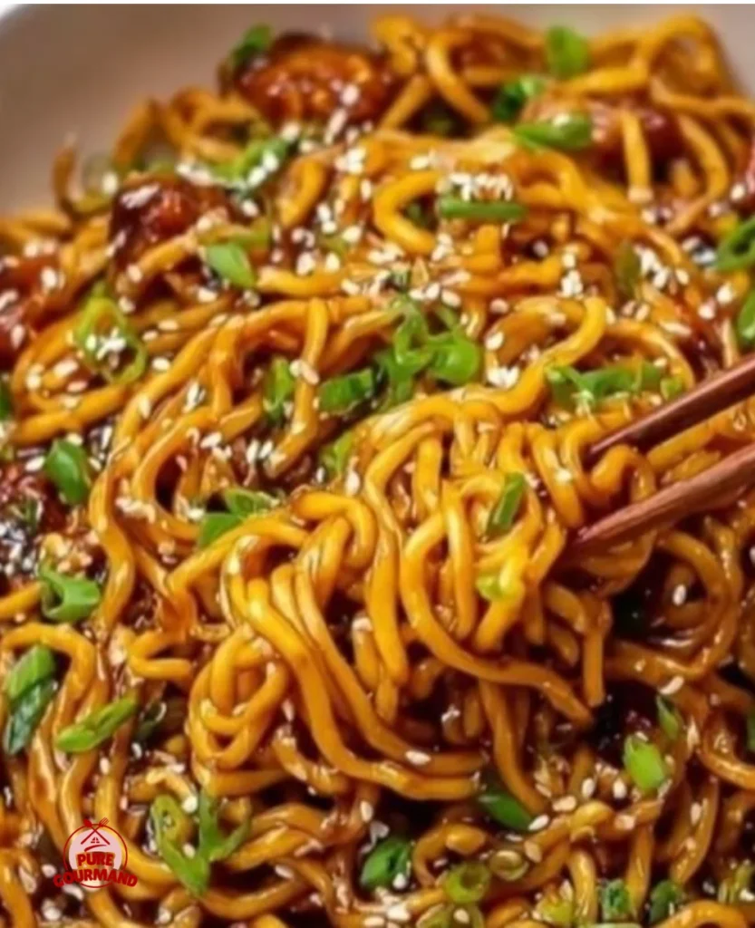 Delicious Sticky Garlic Chicken Noodles garnished with herbs