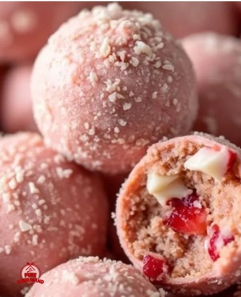 Strawberry Cheesecake Protein Balls on a white plate, topped with fresh strawberries
