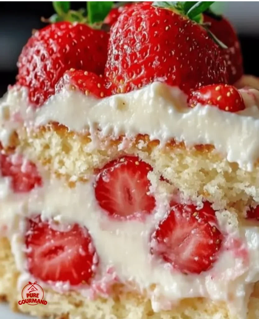 Delicious slice of strawberry custard cake topped with fresh strawberries.