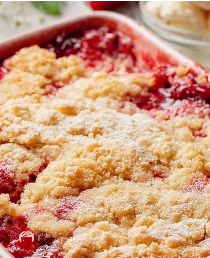 Delicious strawberry dump cake served with whipped cream and fresh strawberries.