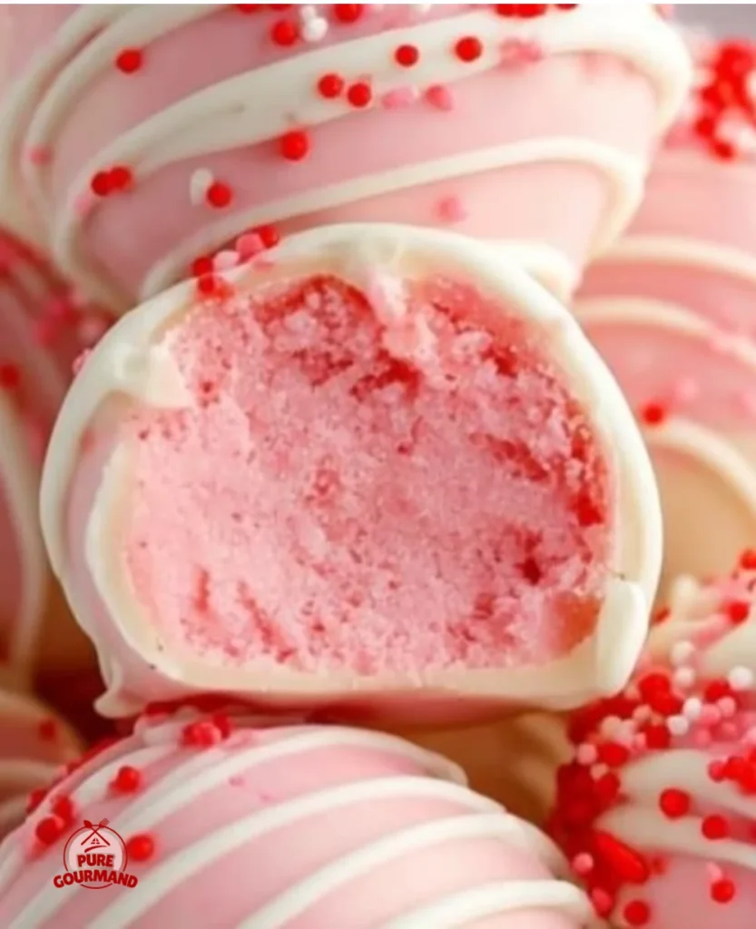 Strawberry shortcake truffles topped with fresh strawberries and whipped cream