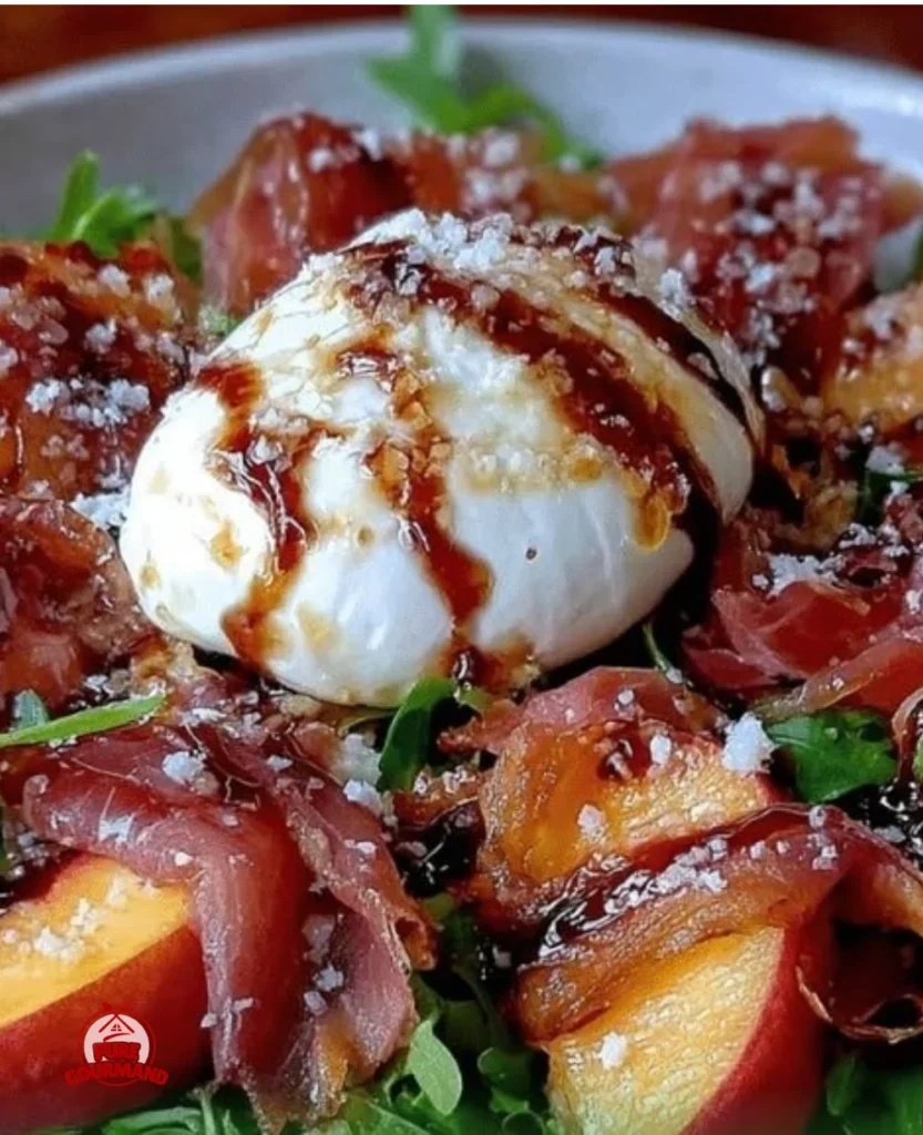 Fresh Peach Burrata Salad with prosciutto and balsamic reduction