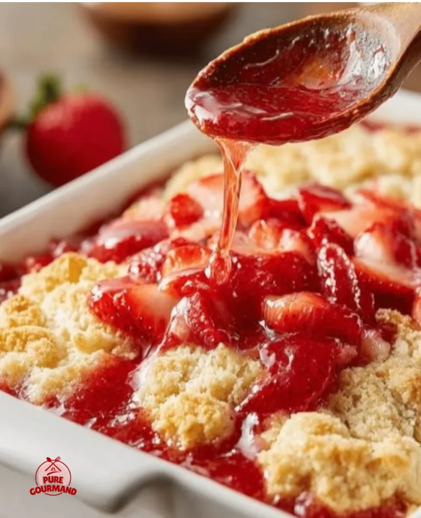Delicious sun-kissed fresh strawberry cobbler ready to enjoy in summer.