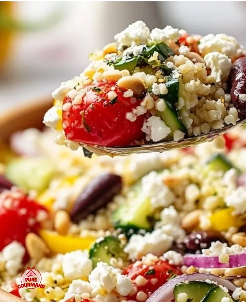 Colorful Sun-Kissed Greek Couscous Salad with fresh vegetables and feta cheese