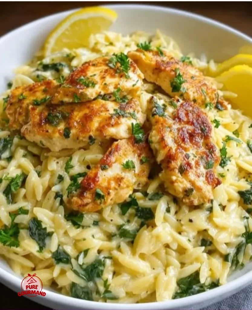 Sunlit lemon chicken with orzo served in a bright, comforting dish.