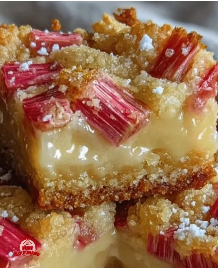 Delicious sunlit rhubarb custard bars topped with a golden crust and fresh rhubarb.