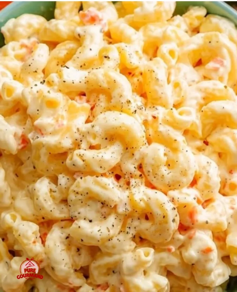 Bowl of Hawaiian macaroni salad with colorful vegetables and creamy dressing