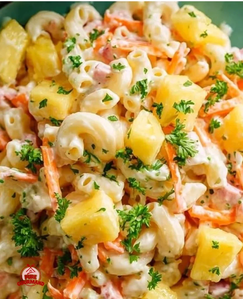 Hawaiian pasta salad with pineapple and colorful vegetables on a plate