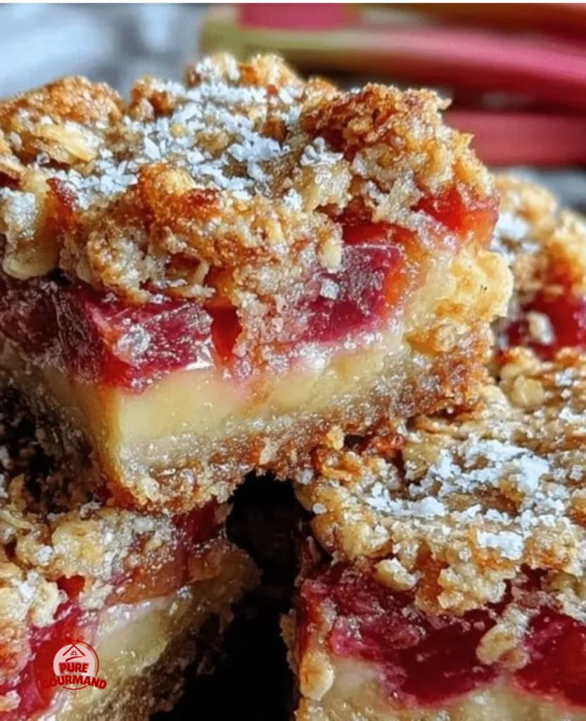 Tangy rhubarb custard crumble bars with oat topping on a rustic wooden table