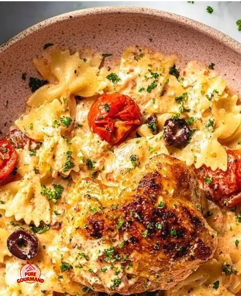 Tasty Mediterranean Chicken Feta Pasta served in a bowl with vibrant vegetables