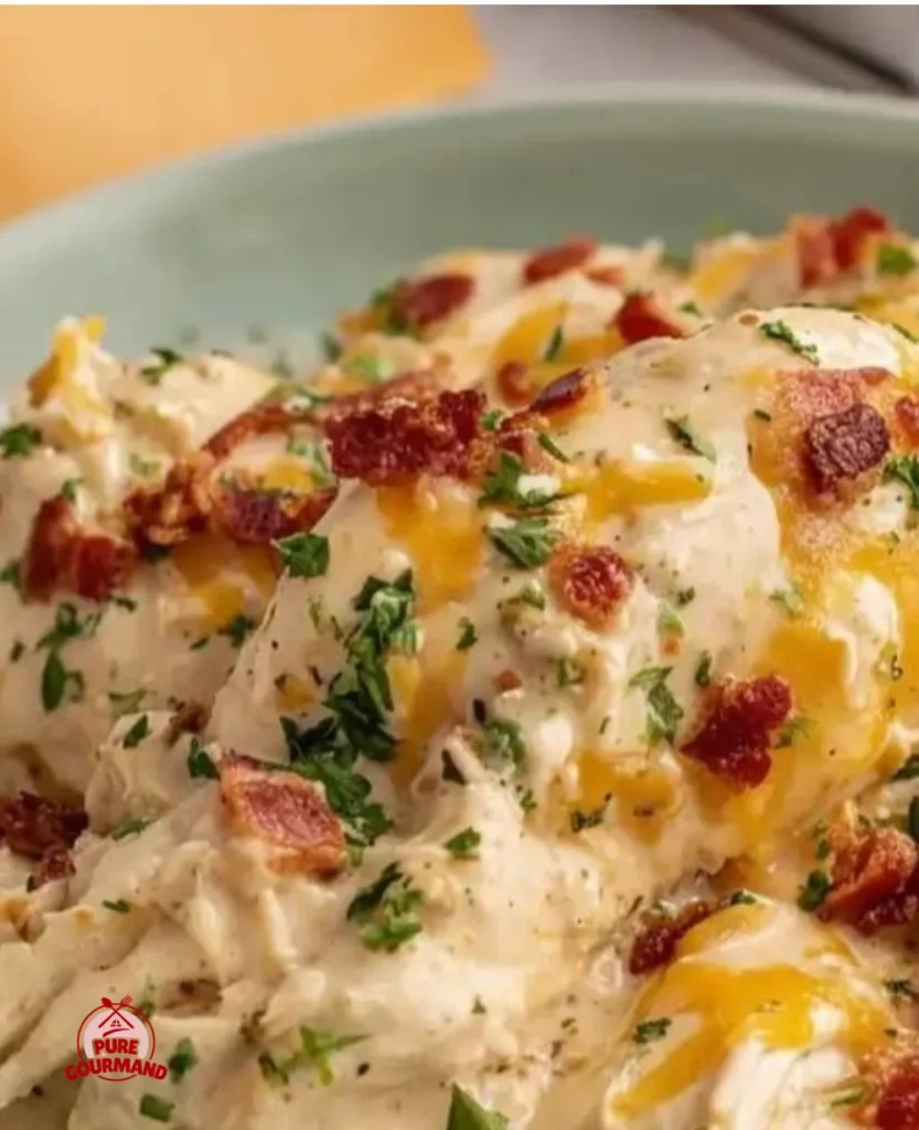 Slow Cooker Crack Chicken in a creamy sauce served in a bowl