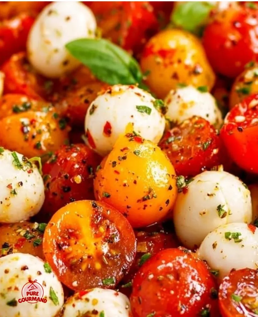 Delicious Tomato Caprese Salad with fresh basil and mozzarella.