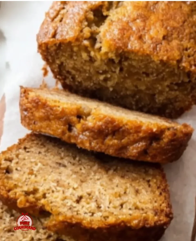 Delicious Two Bananas Banana Bread freshly baked and sliced on a wooden table