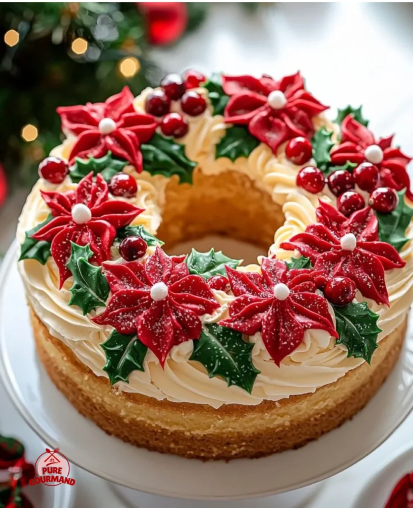A stunning Vanilla Poinsettia Cake decorated with edible poinsettia flowers