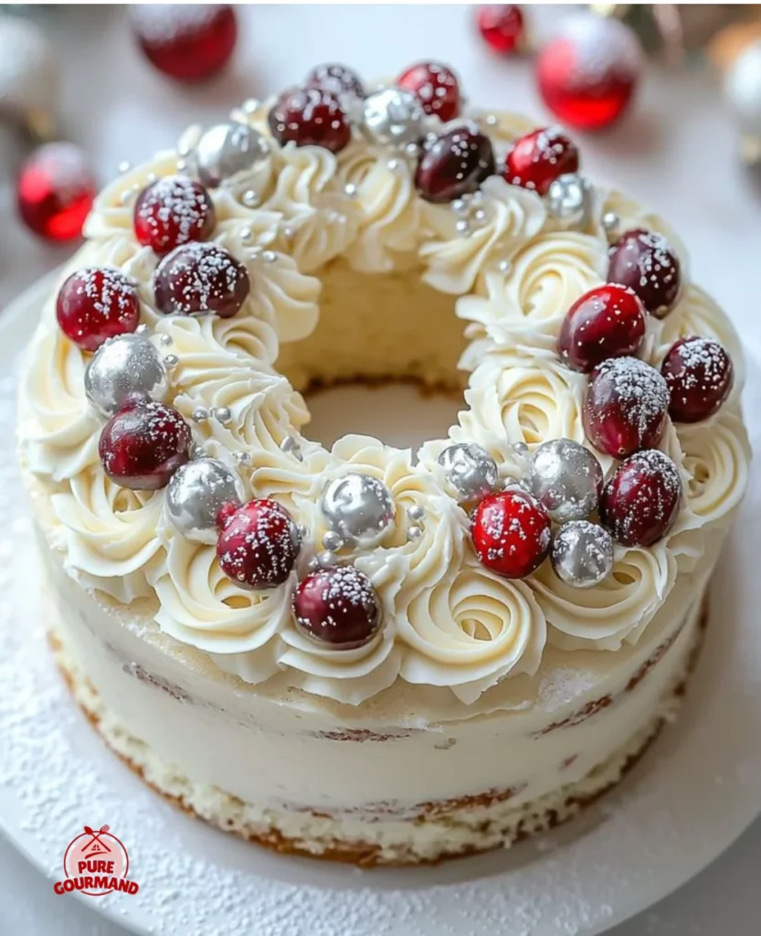 A beautifully decorated vanilla wreath cake perfect for festive occasions.