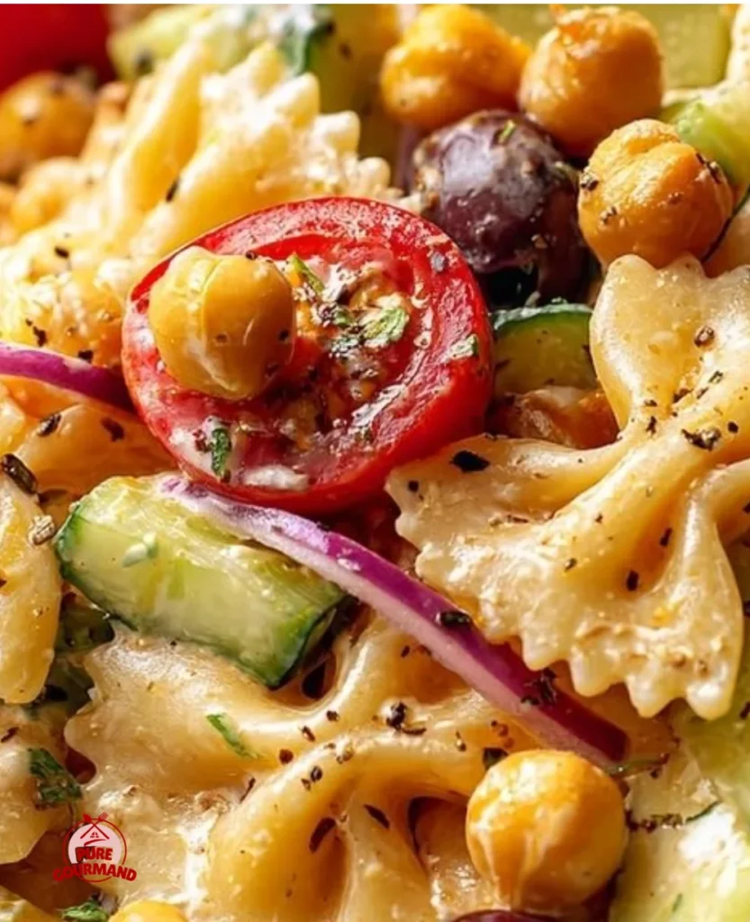 Vegan Greek Pasta Salad with Chickpeas served in a bowl, loaded with vegetables.