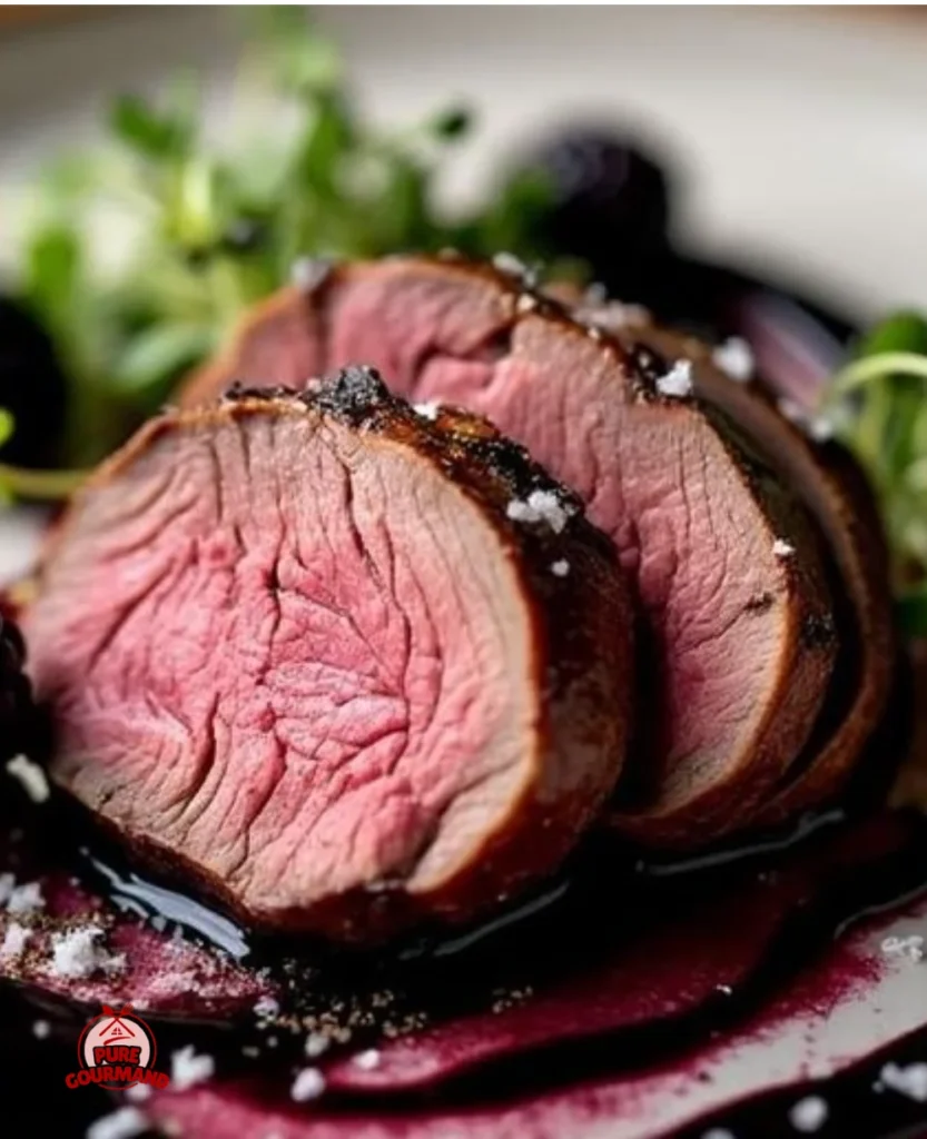Delicious venison tenderloin drizzled with blackberry reduction sauce on a plate.