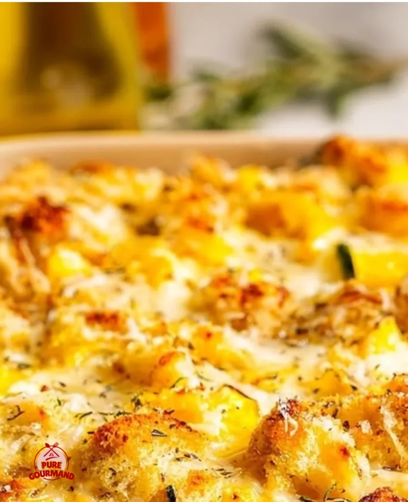 Delicious Yellow Squash Casserole with Stuffing served in a baking dish.