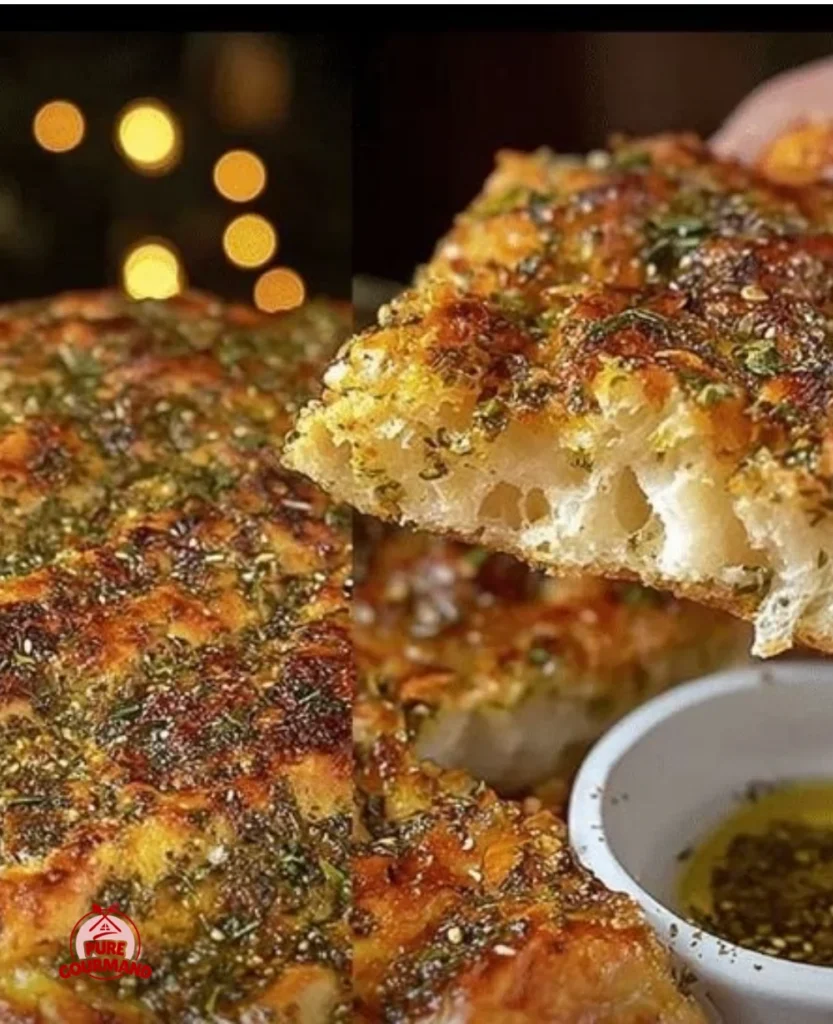Freshly baked Za’atar Manakish topped with aromatic herbs and spices.