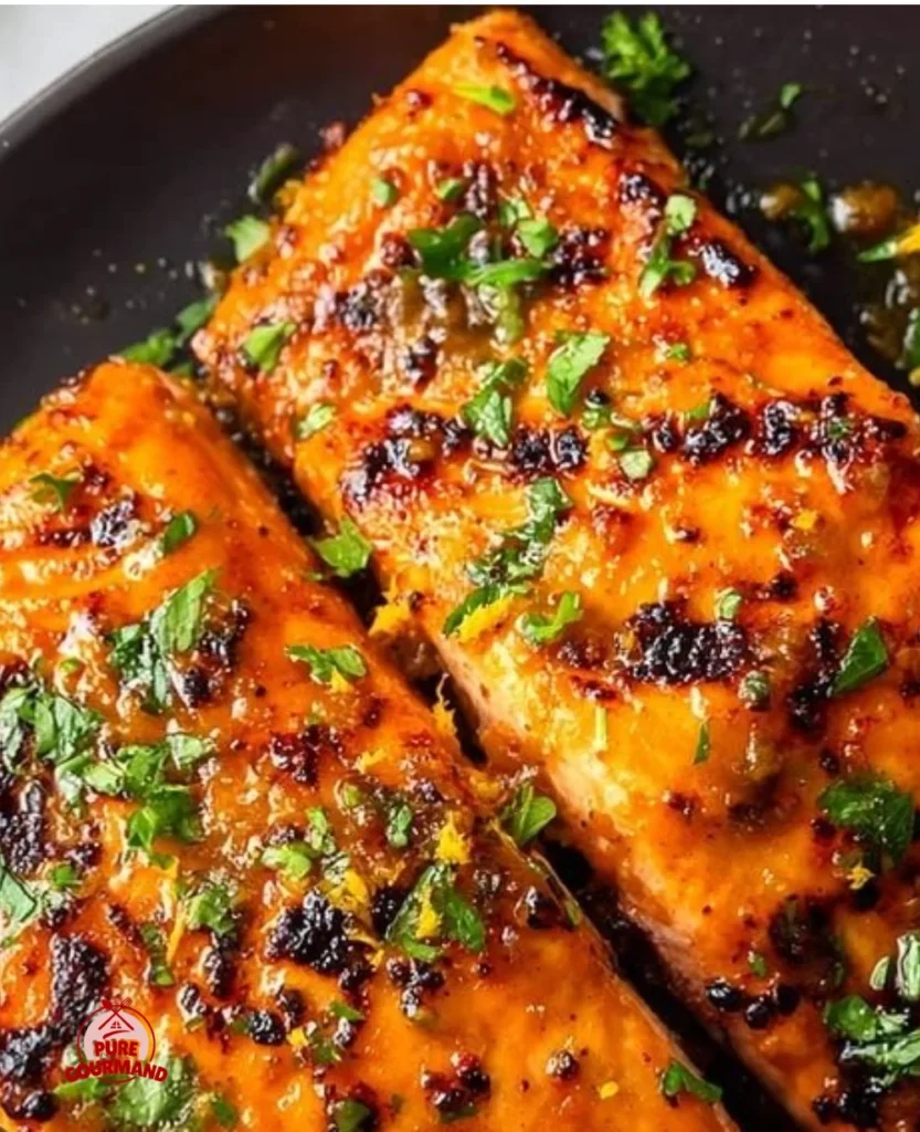 Grilled honey mustard salmon fillet on a plate with fresh herbs